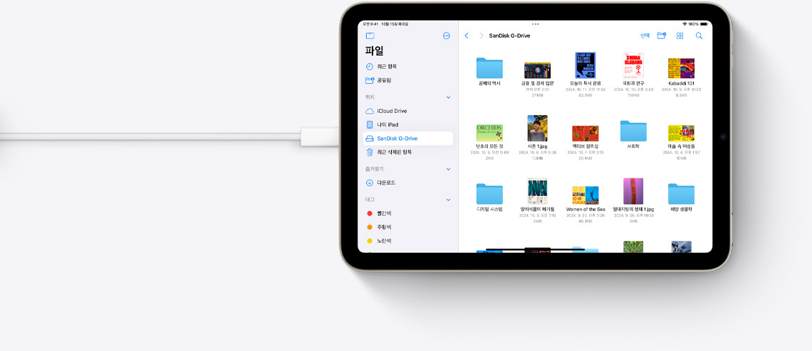 가로 방향으로 놓인 iPad mini에 USB-C 케이블을 연결한 모습. 화면에는 파일 앱이 표시되어 있습니다.