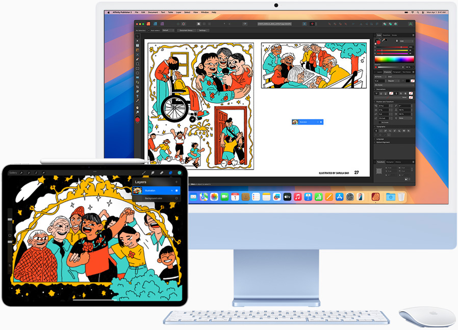 iMac 옆에 iPad를 놓고 두 화면에서 스케치가 이어짐을 보여주는 모습