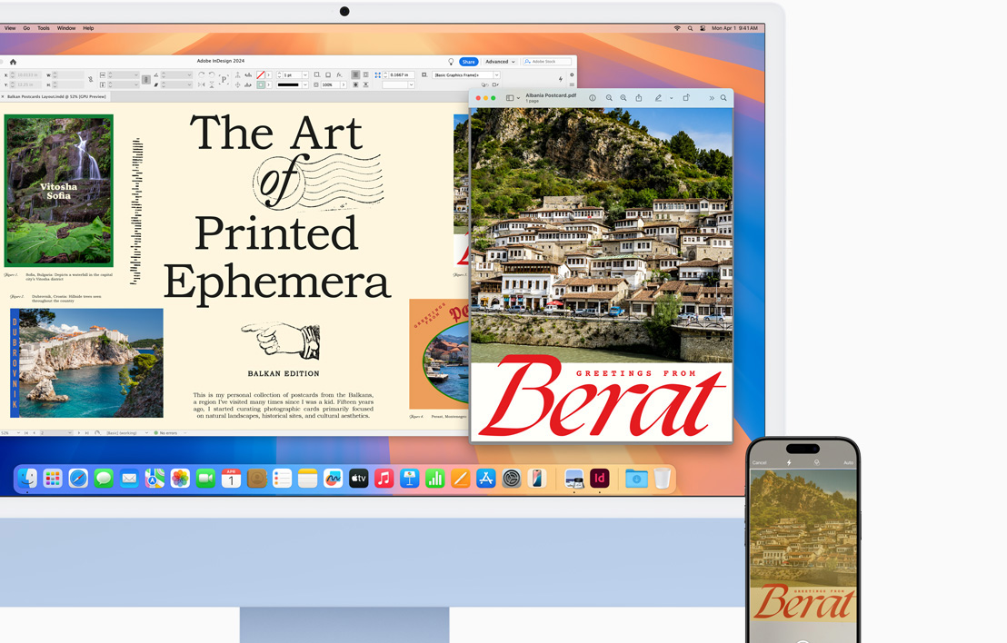 블루 색상 iMac 옆에 iPhone을 놓고 Handoff 기능을 통해 일러스트가 삽입된 문서를 두 기기에 똑같이 띄워둔 모습.