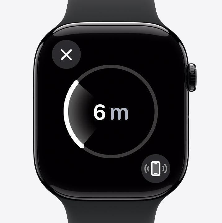 Pantalla de Rastreo Preciso en un Apple Watch Series 10 que muestra que el iPhone de quien lleva puesto el reloj está a 6 metros de distancia.