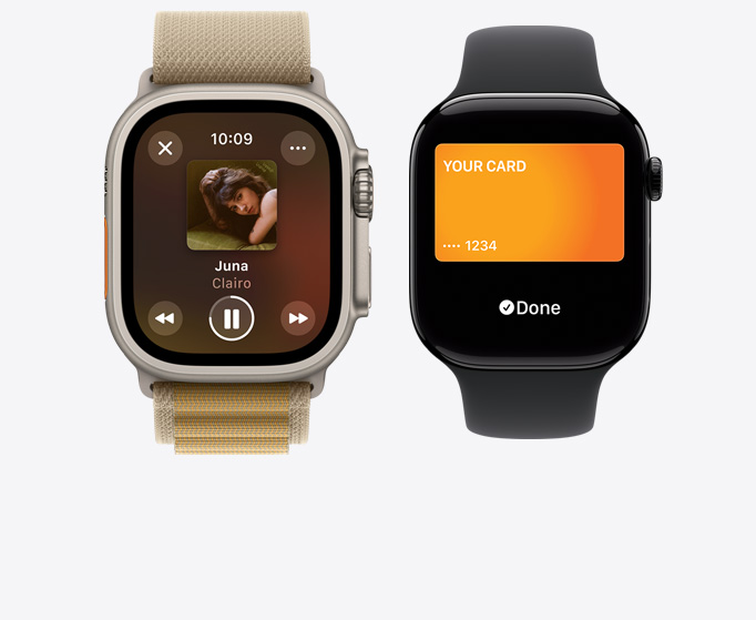 Front view of an Apple Watch Ultra 2 and Apple Watch Series 10 showing music playing and a generic card using Apple Wallet.