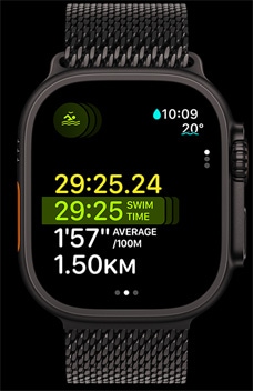 „Apple Watch Ultra 2“ įvairių sporto šakų funkcija parodo plaukimo trukmę, tempą ir atstumą.