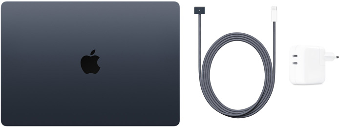 15 colių „MacBook Air“, USB‑C į „MagSafe 3“ laidas bei 35 W dviejų USB‑C prievadų kompaktiškas maitinimo adapteris