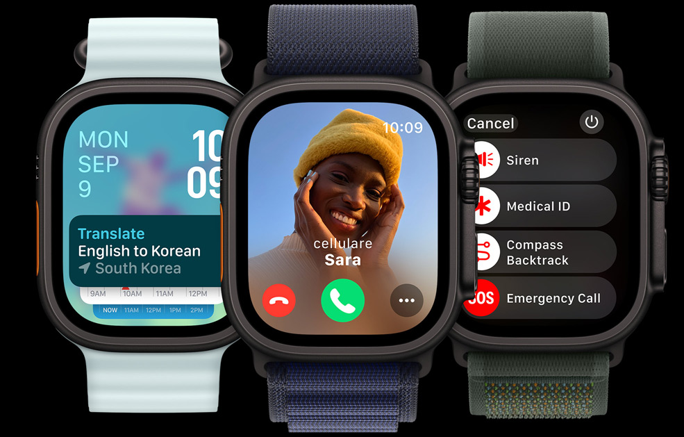 Trois écrans d’Apple Watch Ultra. Un avec l’app Traduire. Un autre avec un appel entrant. Et le dernier avec les icônes Sirène, Fiche médicale, Point de départ et Appel d’urgence.