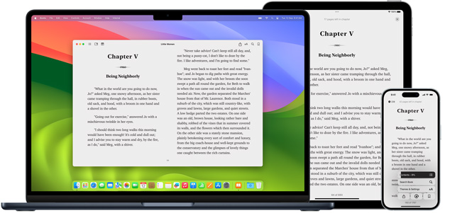 MacBook Pro and iPad Air display a page from the same ebook in the Books app. Apple Watch and iPhone 15 screens display a book cover from the same audiobook. An AirPod Pro case open to show both AirPod Pro earbuds.