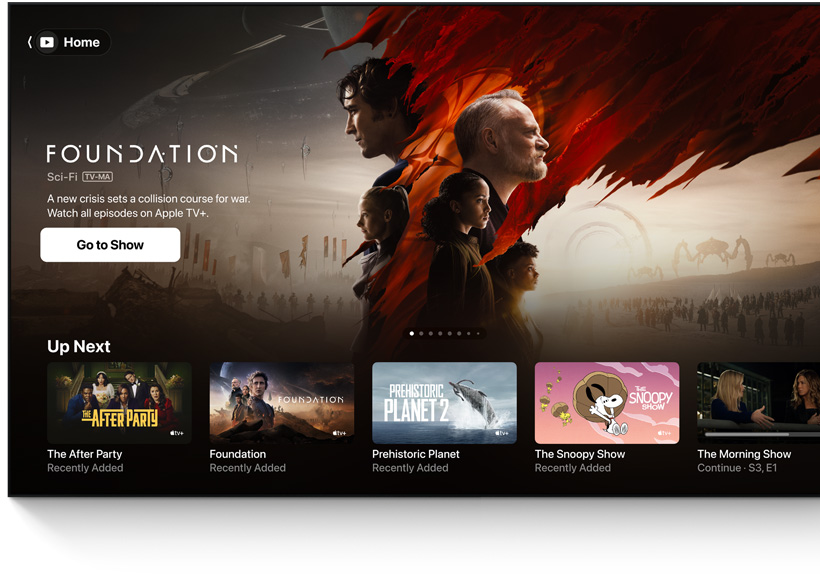 A flatscreen television showing the Apple TV app's homescreen UI