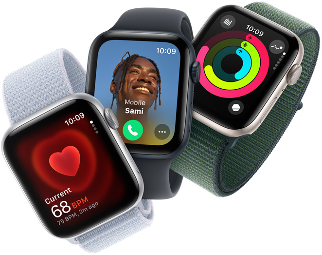 Three Apple Watch SE devices showing heart rate monitoring, an incoming call, and activity rings