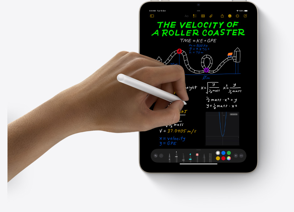 iPad mini in portrait view with a user's hand using Apple Pencil Pro with Math Notes.