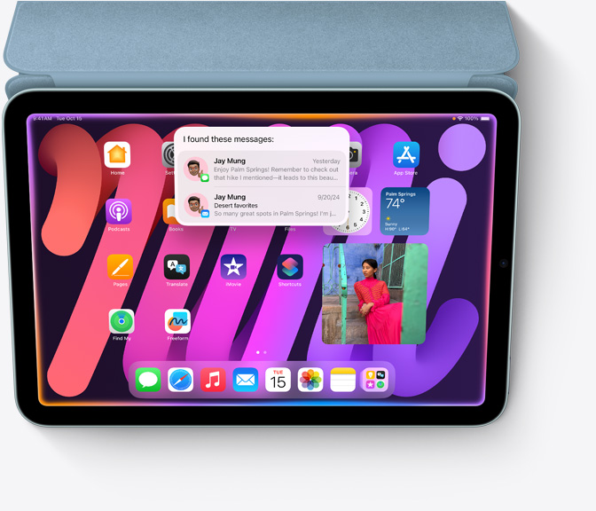 iPad mini attached to Smart Folio, iPad mini screen displays contextual search with Siri, a new Apple Intelligence feature.