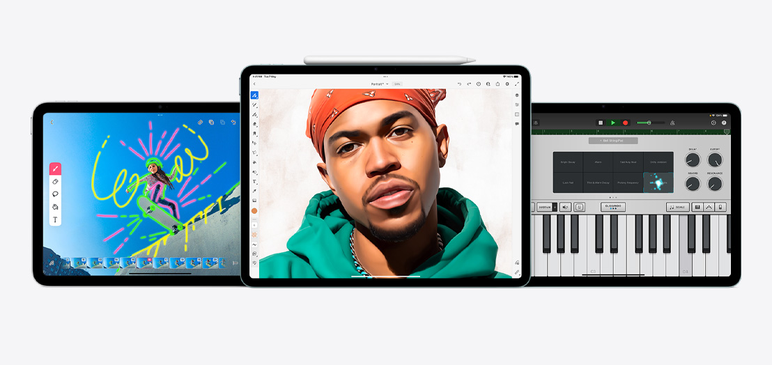 Two iPads and an iPad Air featuring FlipaClip, Adobe Fresco, and GarageBand apps.