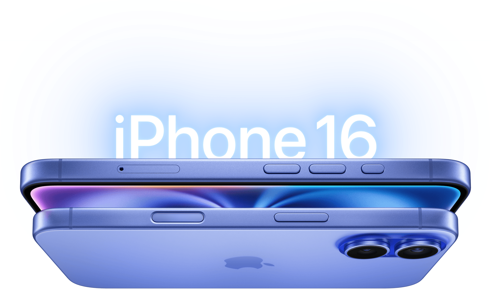 Two iPhone 16 models in Ultramarine, side exterior, side button, raised dual camera system.