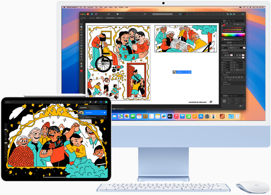 A 12.9 inch iPad Pro and iMac show a user working on a creative project. The main project is on their iMac, and they are using their iPad as a second display.