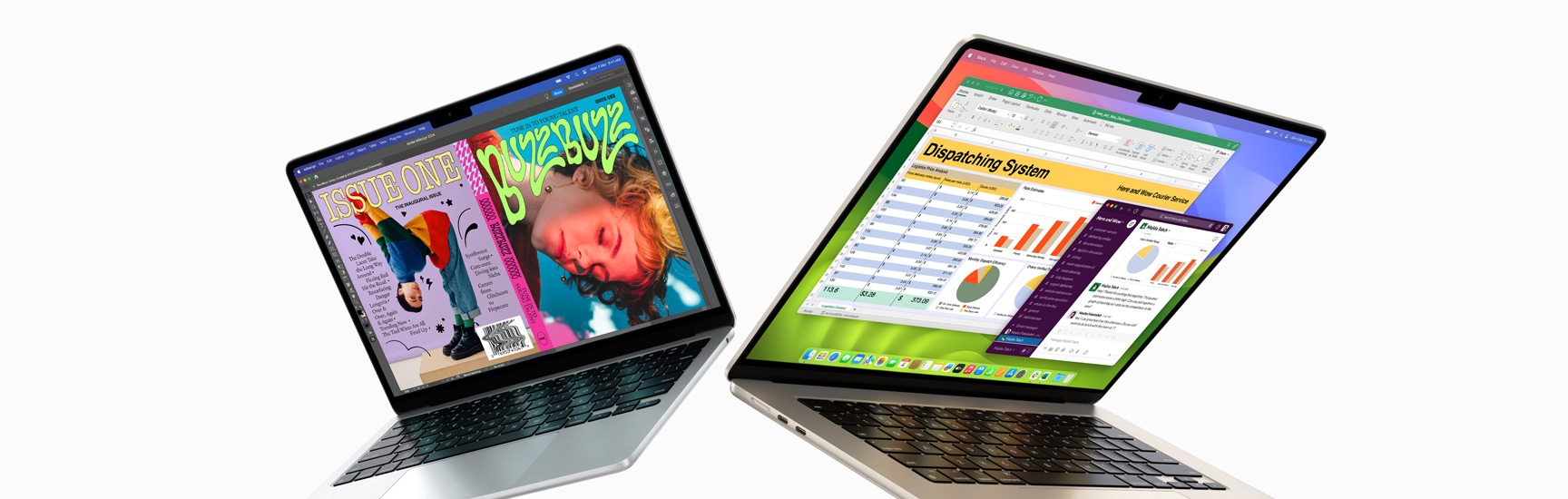 Partially open 13-inch MacBook Air on left and 15-inch MacBook Air on right. 13-inch screen shows colorful ‘zine cover created with In Design. 15-inch screen shows Microsoft Excel and Slack.