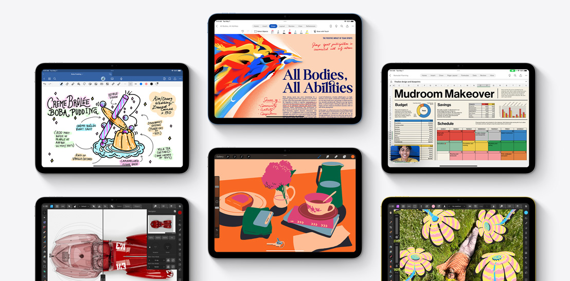 一系列六款不同 iPad 展示不同的 app，包括 Goodnotes 6、Affinity Designer 2、Microsoft Word、Procreate、Microsoft Excel 和 Affinity Photo 2。