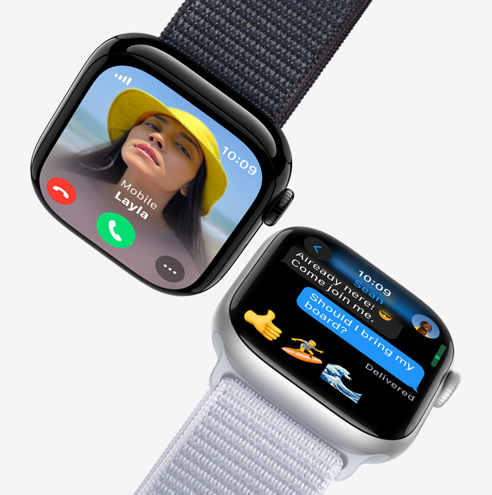 兩隻 Apple Watch 的畫面。第一隻錶收到來電。第二隻錶顯示文字訊息。