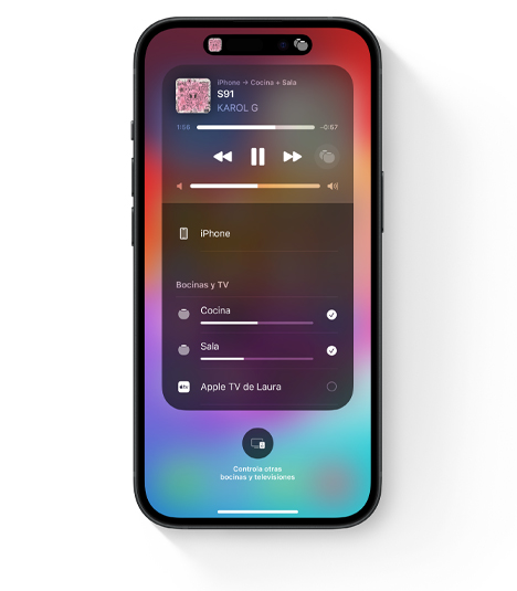 En la pantalla de un iPhone, se muestra la interfaz de AirPlay con reproducción de audio en varias habitaciones