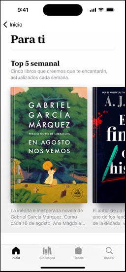 Pantalla de un iPhone que muestra la sección Para Ti en la app Libros. Se muestra la lista Top 5 de la semana