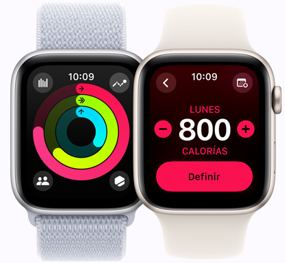 Pantallas de dos dispositivos Apple Watch SE que muestran las metas de los círculos de Actividad y calorías.