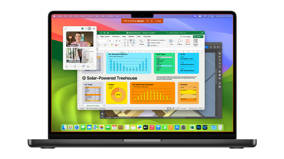 Se muestra una Mac con varias apps abiertas, como Zoom y Excel.