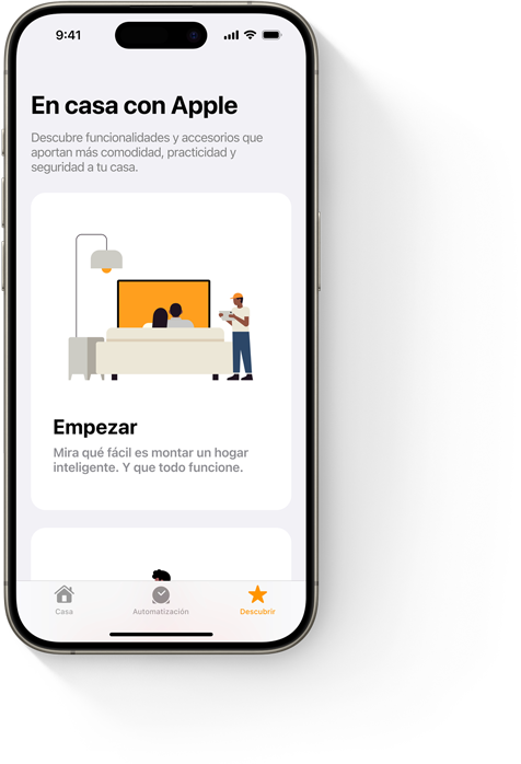 En la pantalla de un iPhone, se muestran los primeros pasos de configuración de la app Casa