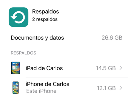 Imagen que muestra datos de uso de la funcionalidad Respaldo en iCloud