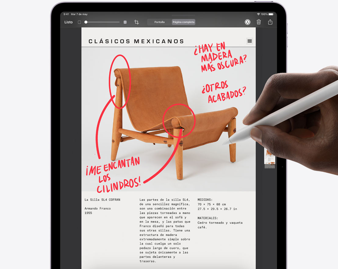 Imagen de un Apple Pencil Pro que hace anotaciones sobre una captura de pantalla de Safari en un iPad Pro.