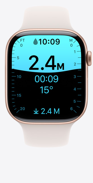 Pantalla de la app Profundidad que indica una inmersión de 2.4 metros en un Apple Watch Series 10.