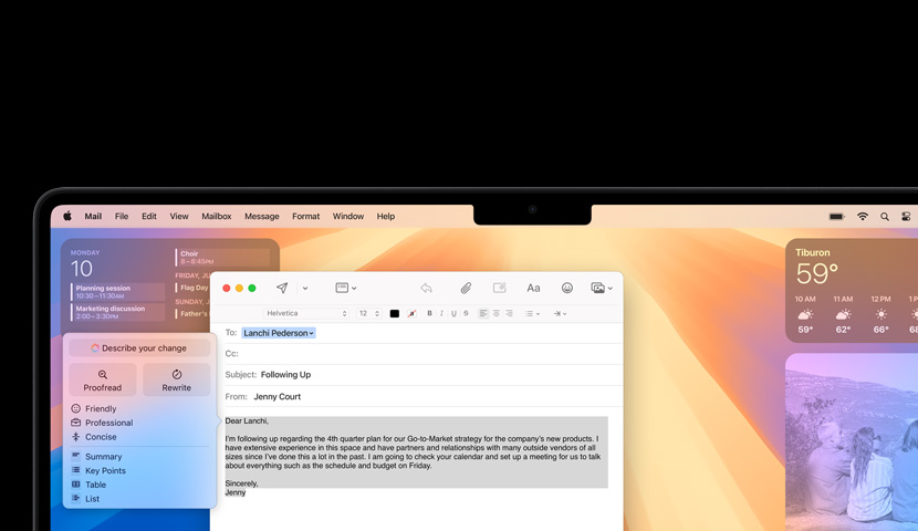 Mac desktop with a business email featuring an Apple Intelligence prompt. Behind the email window is the Calendar widget.