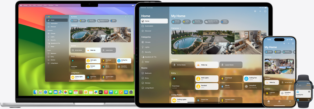 The Home app UI displayed on Mac, iPad, iPhone and Apple Watch.