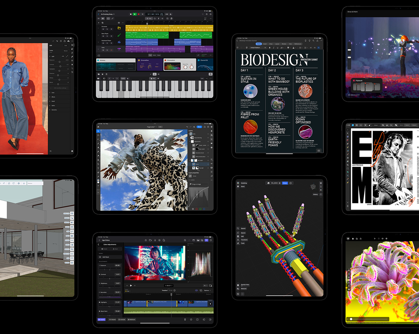 Ten iPad Pro displays showcasing different apps like - Adobe Lightroom for iPad, Trimble SketchUp, Logic Pro for iPad, Adobe Photoshop, Final Cut Pro for iPad, Microsoft Word, Shapr3D, Procreate Dreams, Affinity Designer 2 for iPad, Octane X