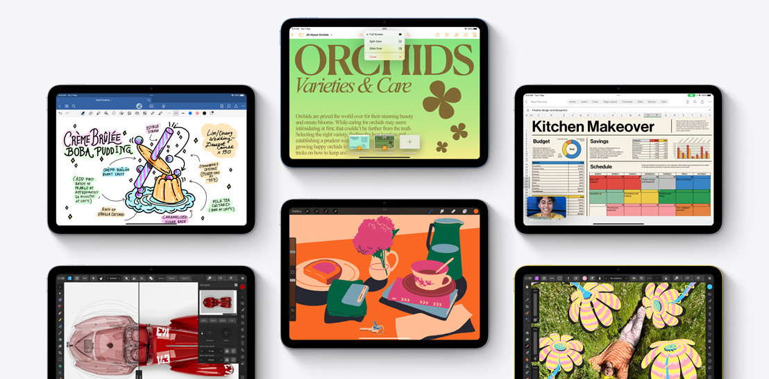 A collection of six different iPads showcasing different apps including Goodnotes 6, Affinity Designer 2, Microsoft Word, Procreate, Microsoft Excel and Affinity Photo 2.