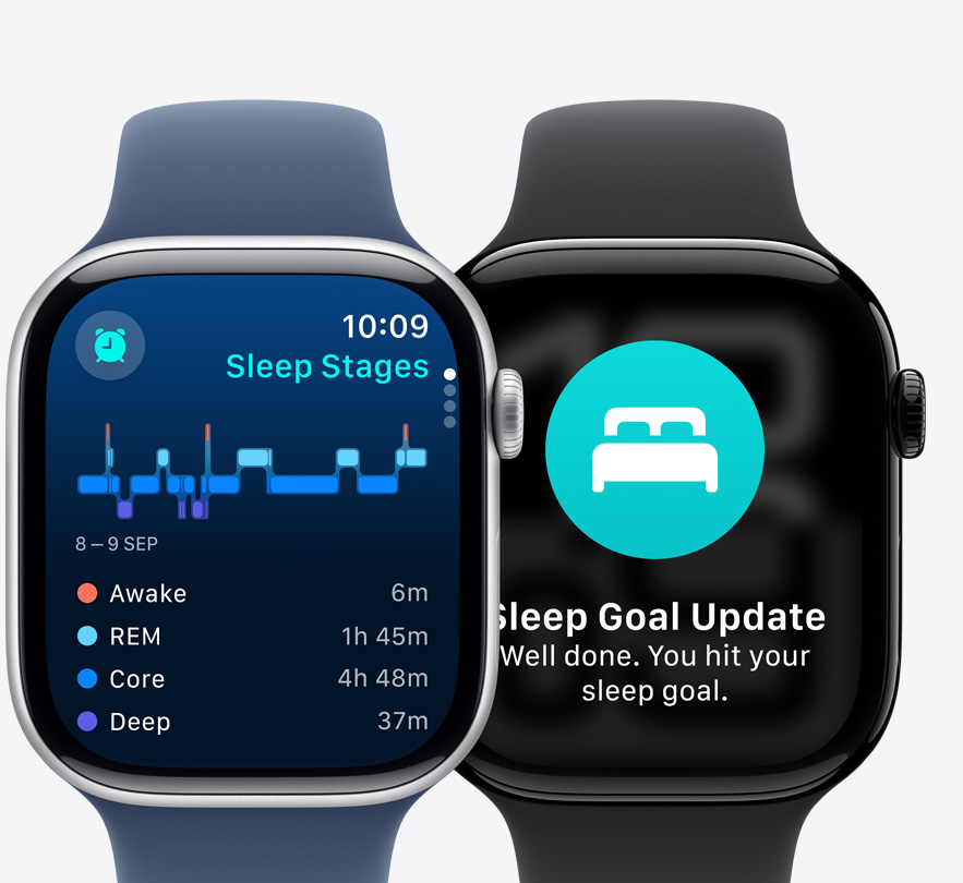 Front view of two Apple Watch Series 10 showing a Sleep Stages screen and a Possible Sleep Apnoea notification.