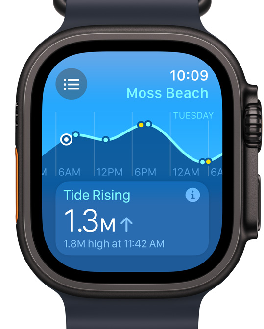 Apple Watch Ultra displaying the new Tides app onscreen.