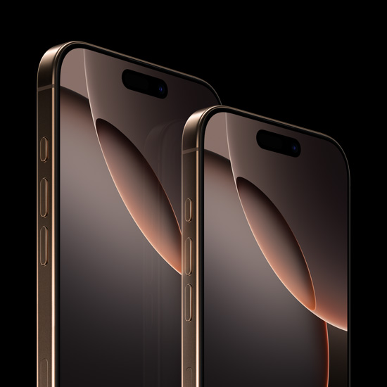 6.9-inch iPhone 16 Pro Max and 6.3-inch iPhone 16 Pro, front exterior, Action button, volume buttons, Dynamic Island centred near top