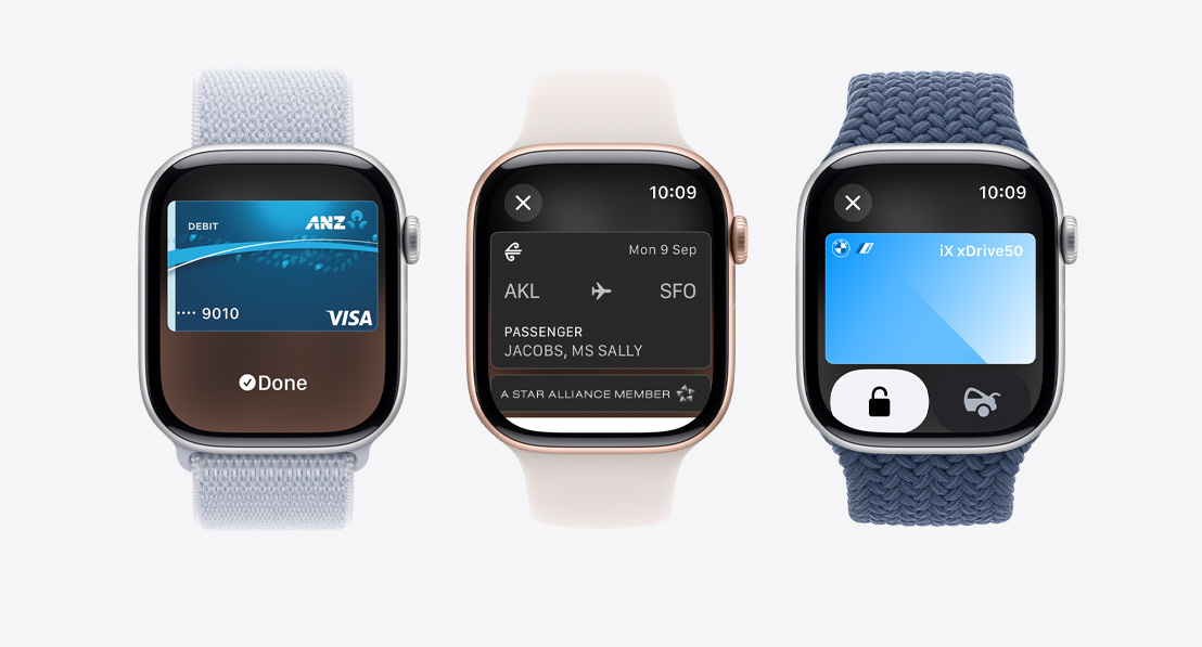 Three Apple Watch Series 10. The first shows a bank card being used with Apple Pay. The second shows a boarding pass being used with the Wallet App. The third shows an ID being used through the Wallet app.