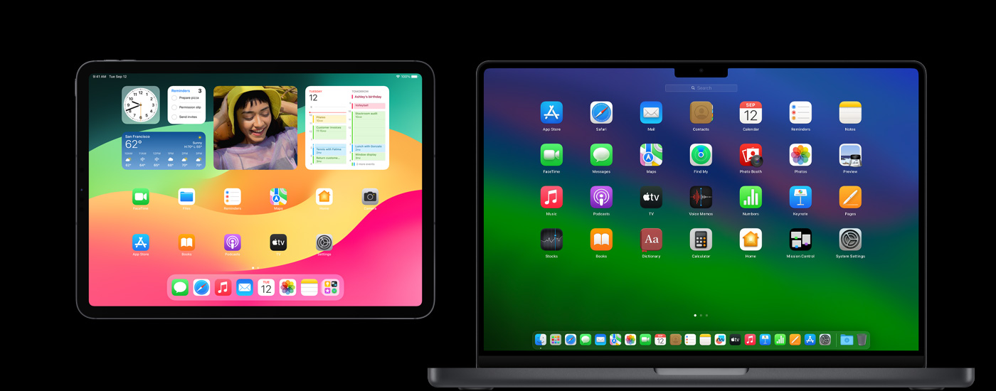 An iPad and a Mac displaying various app icons. The iPad shows several widgets, including Calendar, Weather, and Photos.