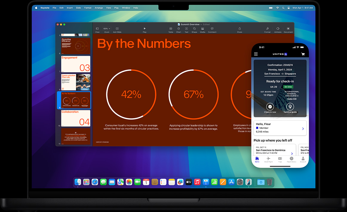 Demonstrating iPhone Mirroring, with iPhone display shown within MacBook Pro screen — user works on a presentation in Keynote app while an invitation to check in for a flight appears on the iPhone display