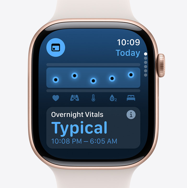 Ekran aplikacji Parametry życiowe na Apple Watch Series 10 pokazuje, że dane zebrane w ciągu nocy były typowe.