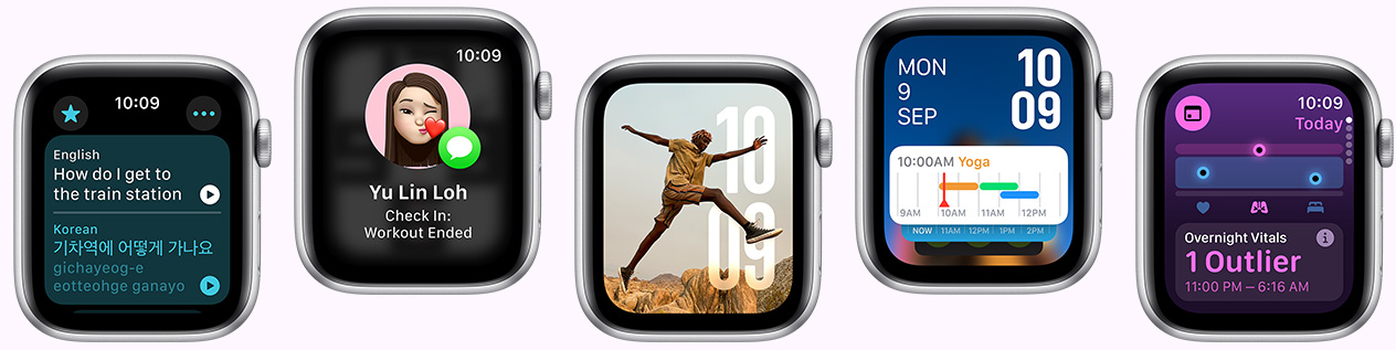 Five Apple Watch devices showing screens including Translate app, Check In app, Photos face, Modular watch face and Vitals app