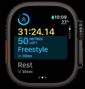What's Up Next screen shows the distance left in a freestyle swim.