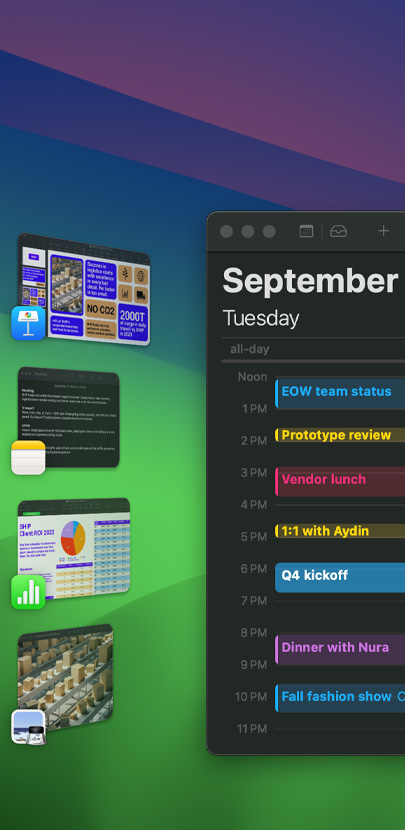 Various iOS apps displayed on a desktop including, most prominently, the Calendar app. It features a schedule for the day.