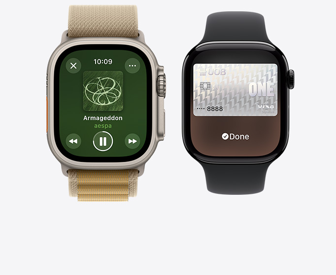 Front view of an Apple Watch Ultra 2 and Apple Watch Series 10 showing music playing.