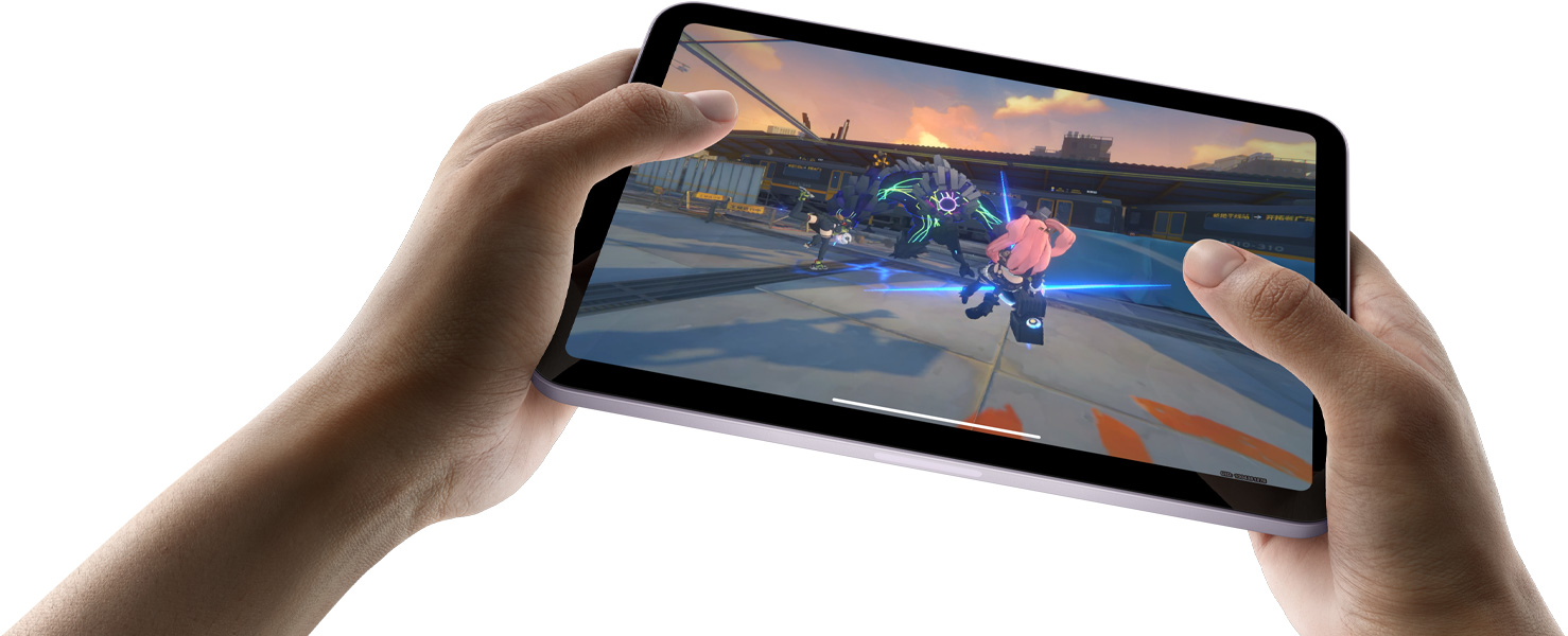 iPad mini held by a user's hands in landscape view playing a graphically intense game.