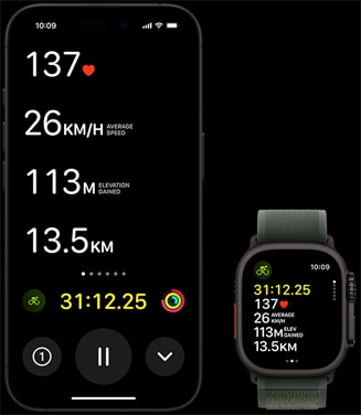 Aktivita naživo s údajmi o cyklistickom tréningu na Apple Watch Ultra 2 a na iPhone.