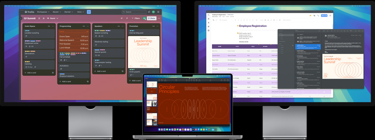 MacBook Pro s dvomi displejmi Studio Display. Na obrazovke vidieť, že používateľ sa pripravuje na samit o líderstve, má zobrazené úlohy v apke Trello, pripravuje prezentáciu a kontroluje súbory návrhu cez e-mail.
