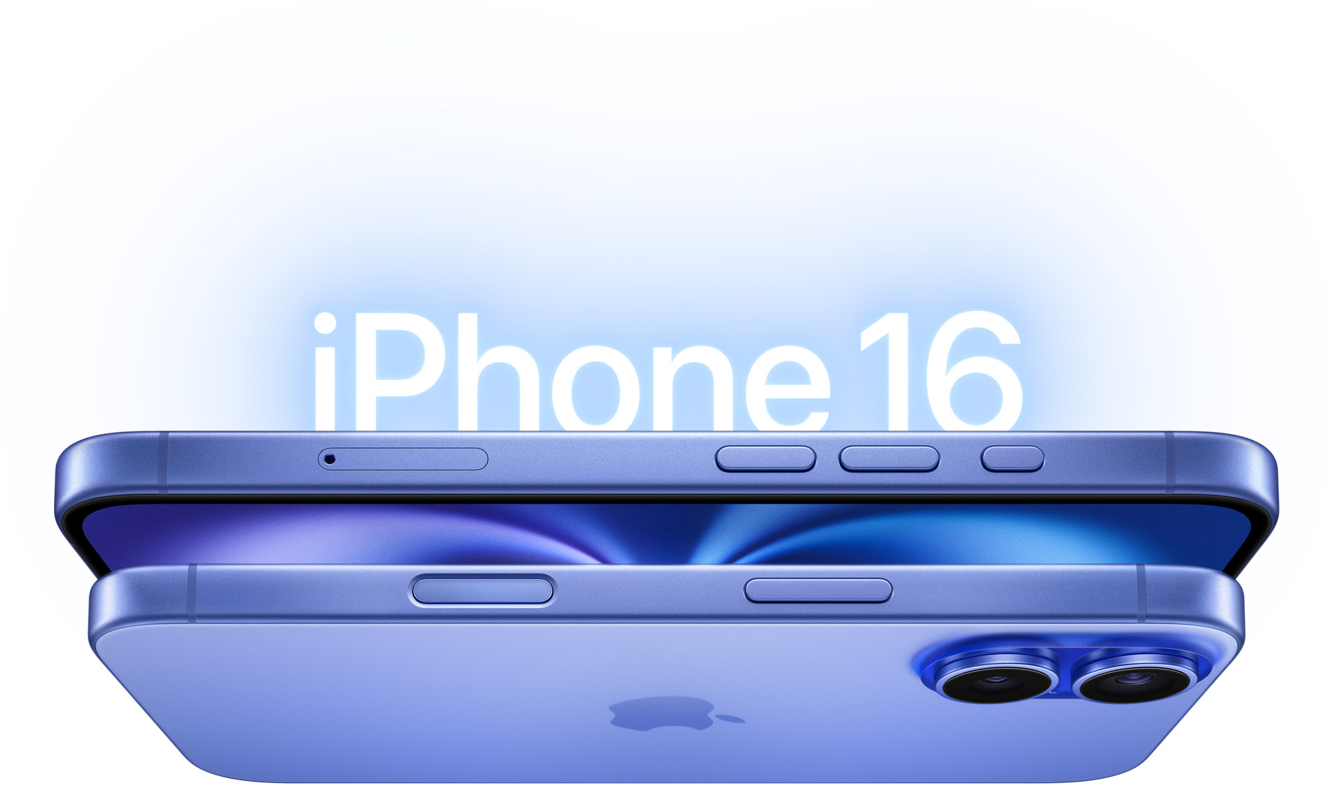 iPhone 16 สองเครื่องในสีน้ำเงินอัลตร้ามารีน, ตัวเครื่องภายนอกด้านข้าง, ปุ่มด้านข้าง, ระบบกล้องคู่ที่ยกสูงขึ้น