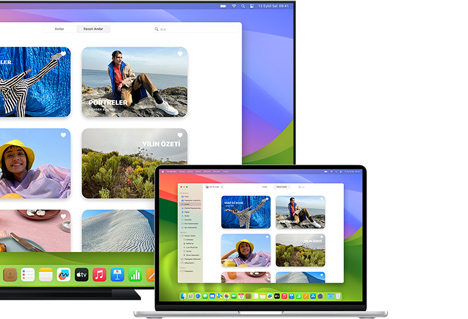 Apple AirPlay kullanarak düz ekran televizyona fotoğraf paylaşan bir Mac.