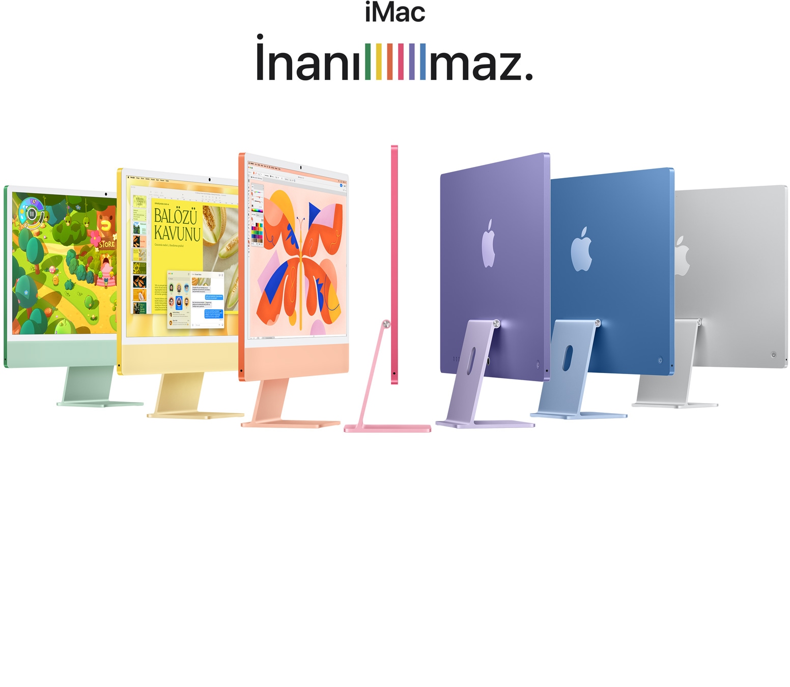 Farklı renklerde iMac’ler (Yeşil, Sarı, Turuncu, Pembe, Mor, Mavi, Gümüş) akordiyon diziliminde gösteriliyor