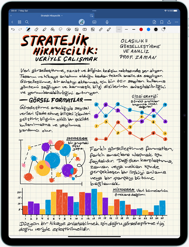 Ekranında notlar ve görsellerin gösterildiği dikey pozisyondaki iPad Air