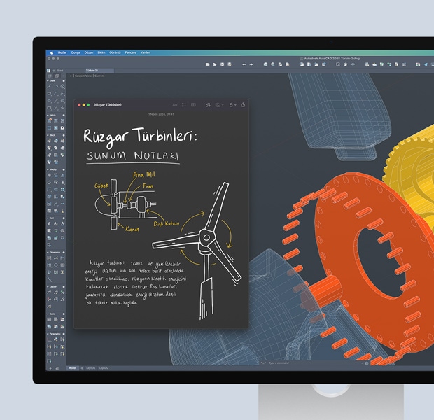 Üzerinde notlar ve çizimlerin bulunduğu bir Autodesk AutoCAD projesinin açık olduğunu gösteren ekran